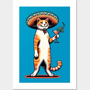 Mexican cat holding a cocktail glass Posters and Art